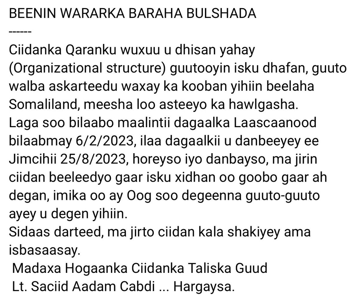 zatawa2's tweet photo. Ciidank Qaranka #Somaliland HQ Hargeisa: #BEENIN
Waxaasi waa dibindaabyo iyo isku dhac lala doonayo in beelaha Somaliland iyo kala shaki yimaado. Waxba kama jiraan wararkaas been abuurka ah ee reer baa ka dambeeyay wixii dhacay August 25, 2023. Ka digtoonaada walaaayaal cadowga. https://t.co/Rt9Sav9ZzV