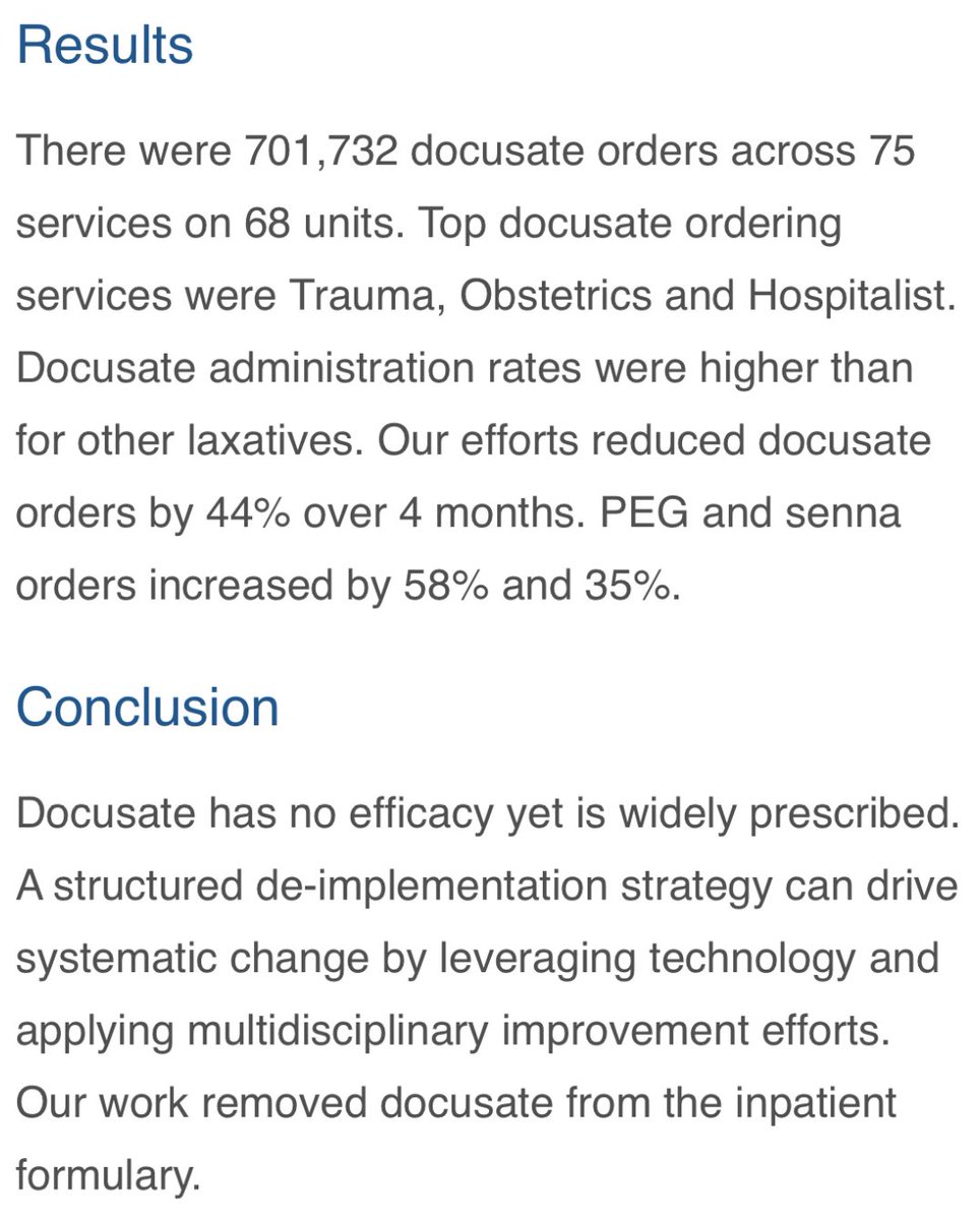 It’s about time. Successful de-implementation of an ineffective practice: The fall of docusate (Colace) https:/www.americanjournalofsurgery.com/article/S0002-9610(23)00425-7/fulltext?dgcid=raven_jbs_aip_email