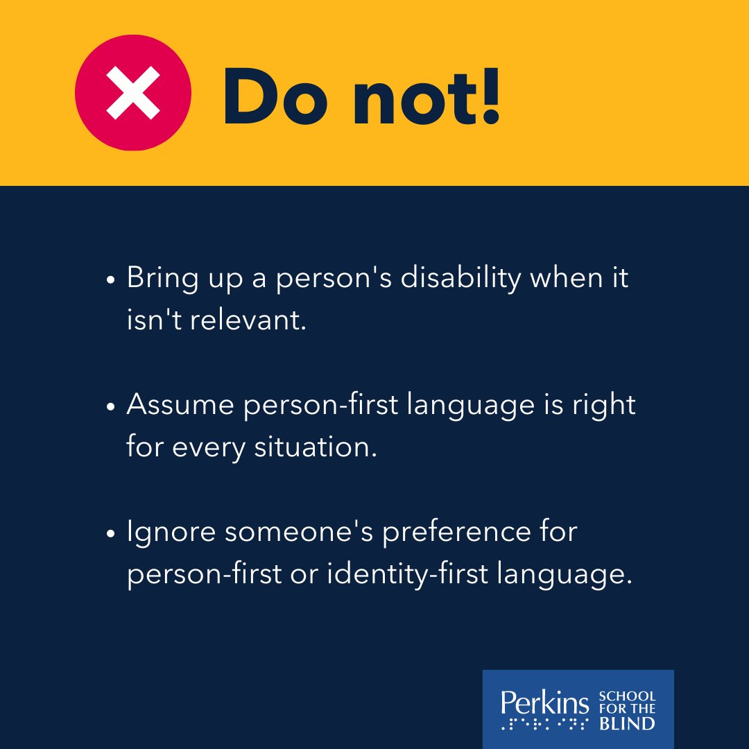 PerkinsVision's tweet image. Ever wondered what is #PersonFirstLanguage and when do I use it? Not to worry, we have the answers! Remember: it’s all about preference and being respectful to others. Want to learn more? Visit: bit.ly/3qvFFsP
