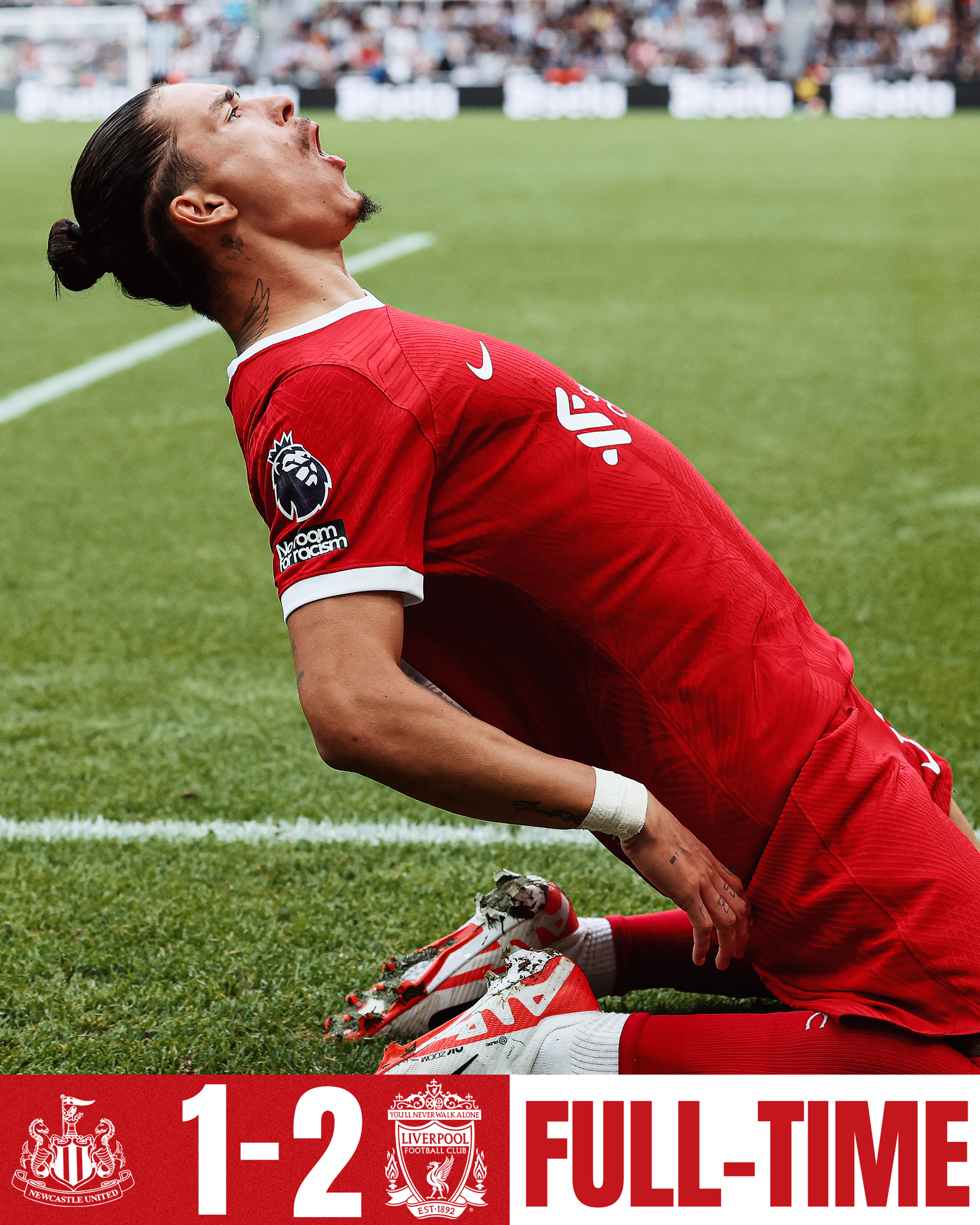 An image of Darwin Nunez celebrating showing the scoreline of Liverpool 2-1 Newcastle. 
