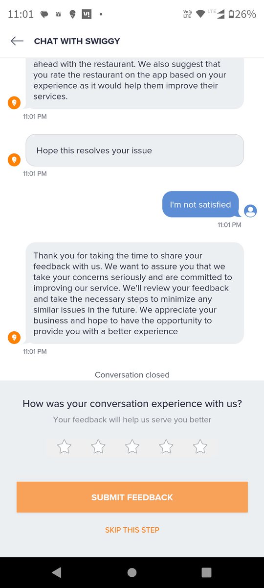 Ayush_A's tweet photo. @SwiggyCares For the replacement order half order was delivered and you closed the complainant like this. What a horrible customer service https://t.co/0gU2FZCALV