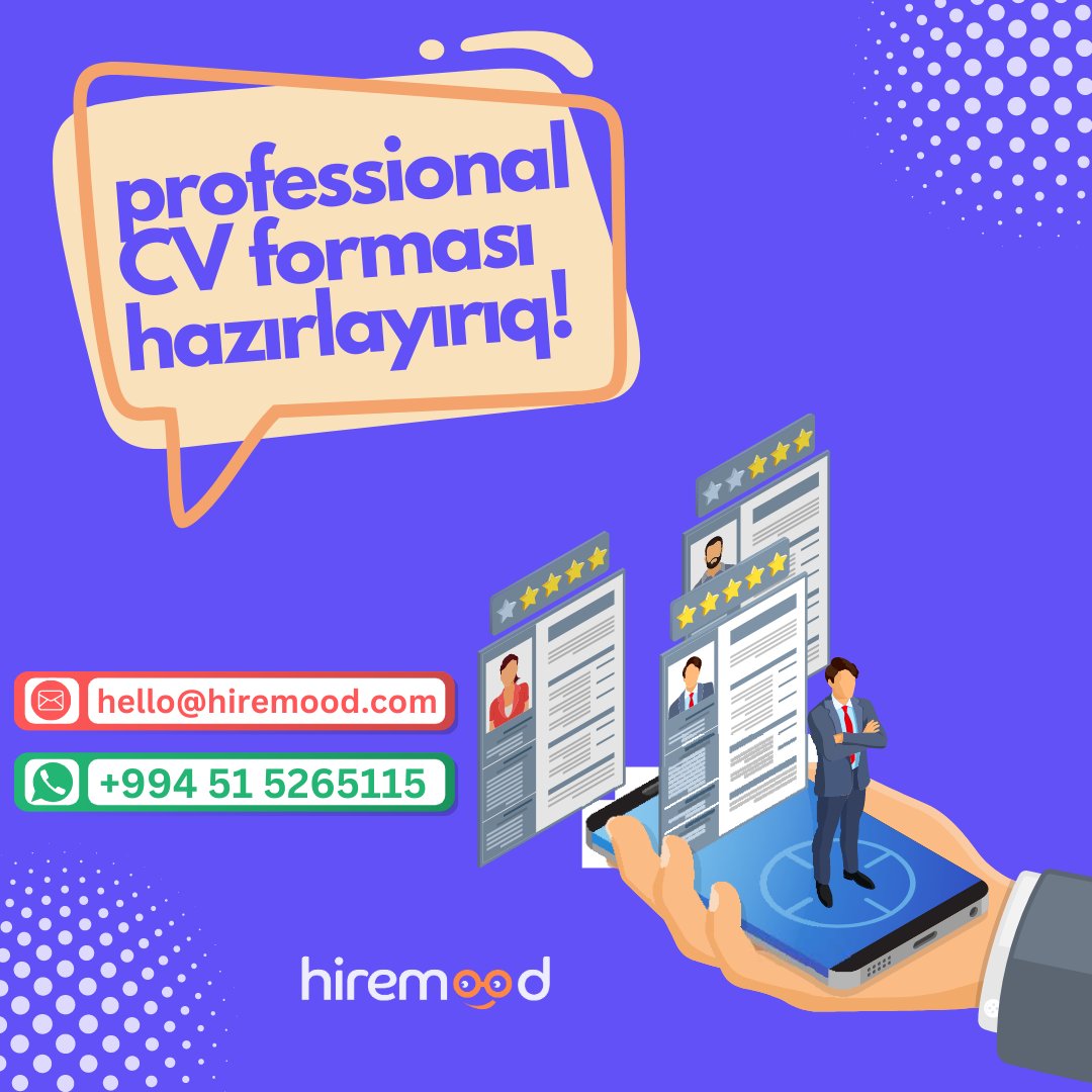 Tam professional şəkildə , HR-ların da rəyləri əsnasında CV hazırlayırıq.
Daha ətraflı məlumat və sifariş üçün whatsapp: +994 51 526 5115