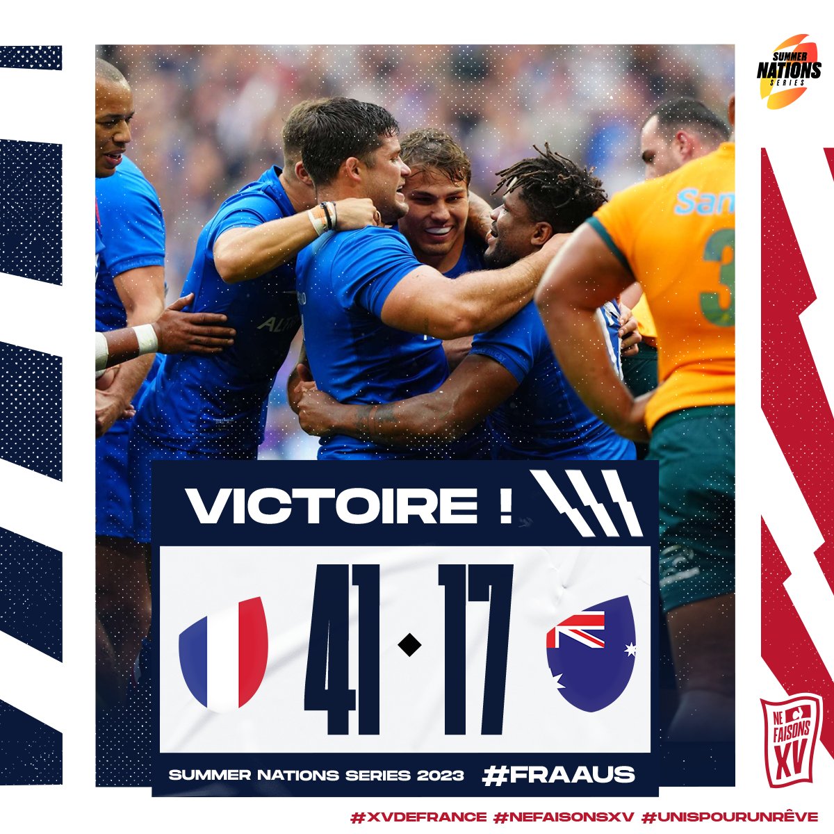 France Rugby (@francerugby) on Twitter photo 🇫🇷🇦🇺 Les Bleus terminent leur préparation 𝐀𝐕𝐄𝐂 𝐔𝐍𝐄 𝐋𝐀𝐑𝐆𝐄 𝐕𝐈𝐂𝐓𝐎𝐈𝐑𝐄 ! 😍 Un magnifique dernier rendez-vous avec vous au <a href="/StadeFrance/">Stade de France</a> avant la Coupe du Monde !
Bravo les garçons ! 🔥💙
#FRAAUS #UnisPourUnRêve #NeFaisonsXV #XVdeFrance 🇫🇷🇦🇺 Les Bleus terminent leur préparation 𝐀𝐕𝐄𝐂 𝐔𝐍𝐄 𝐋𝐀𝐑𝐆𝐄 𝐕𝐈𝐂𝐓𝐎𝐈𝐑𝐄 ! 😍 Un magnifique dernier rendez-vous avec vous au <a href="/StadeFrance/">Stade de France</a> avant la Coupe du Monde !
Bravo les garçons ! 🔥💙
#FRAAUS #UnisPourUnRêve #NeFaisonsXV #XVdeFrance