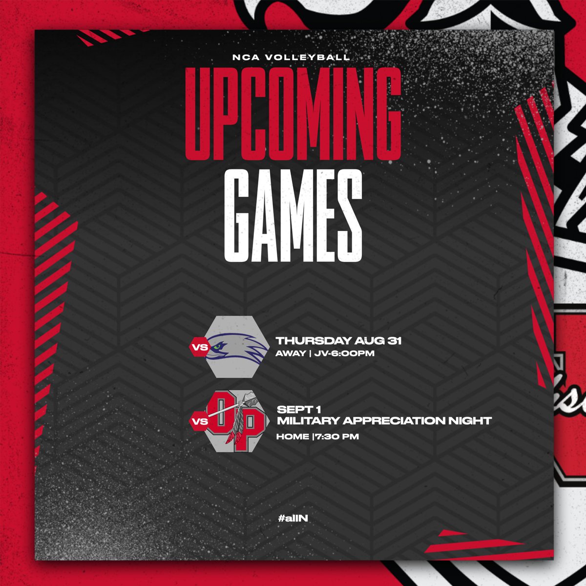 Upcoming games! See you on Friday for our home opener!
#allN #ncacrusaders