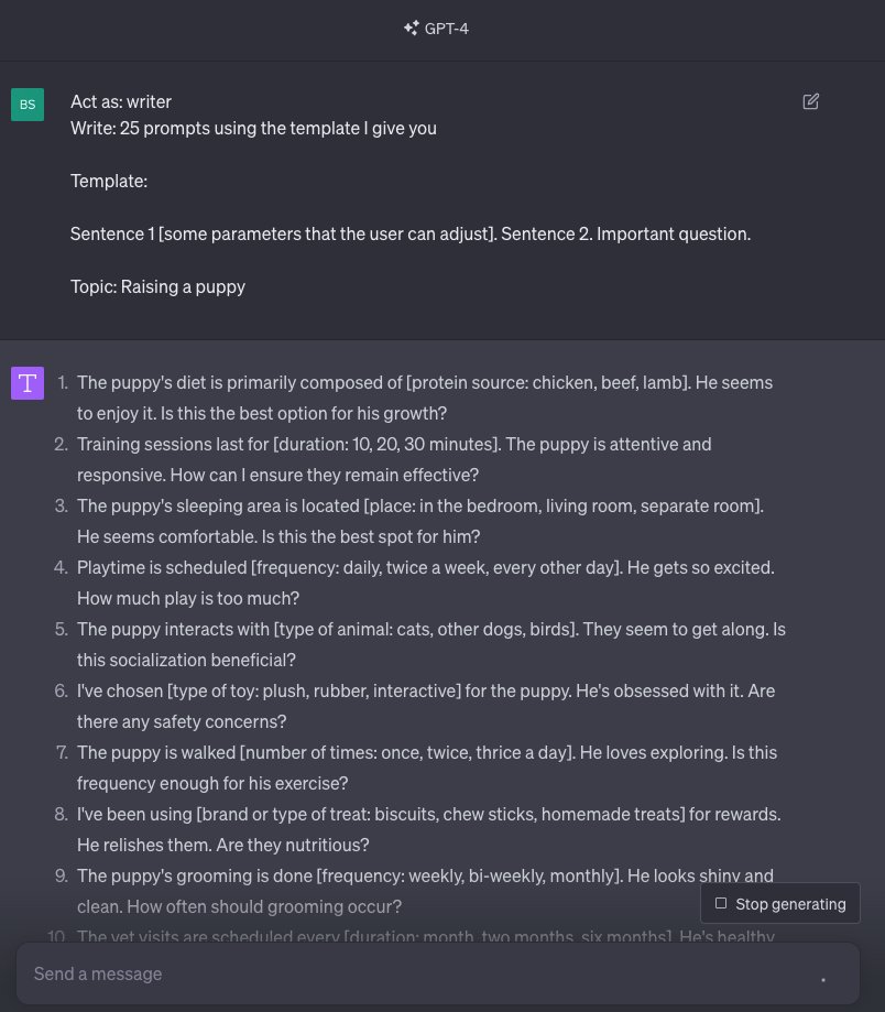 How to generate 25 prompts(about any topic) in 5 seconds, so you can also pump out the fancy 

"25 prompts about X" long tweets?

Use this prompt:

Act as: writer 
Write: 25 prompts using the template I give you 

Template:  Sentence 1 [some parameters that the user can adjust].