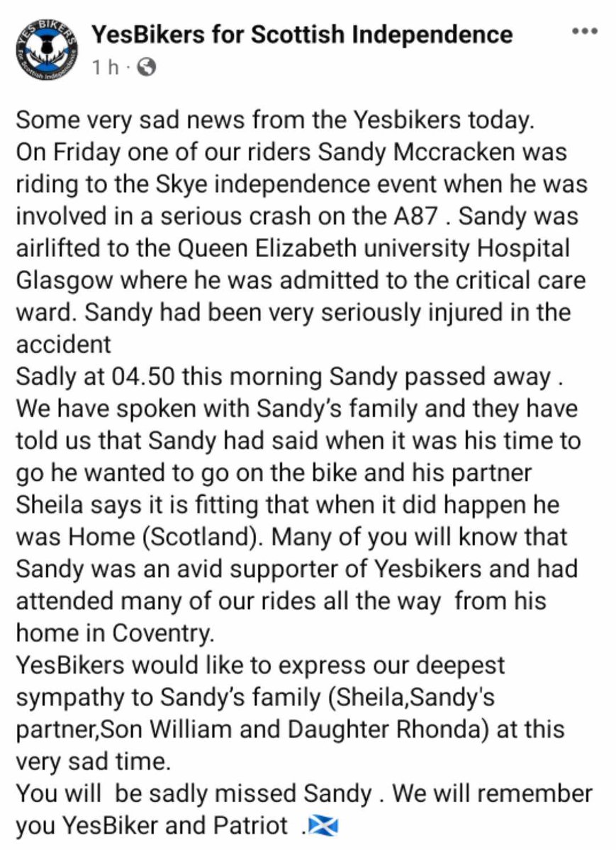 AUOBNOW's tweet photo. We are saddened to hear of the tragic death of @YesBikers Sandy Mccraken who rode his last ride to the Isle of Skye on Friday for yesterday's demonstration at Kyleakin. Our deepest condolences. https://t.co/6R2WulXvGw