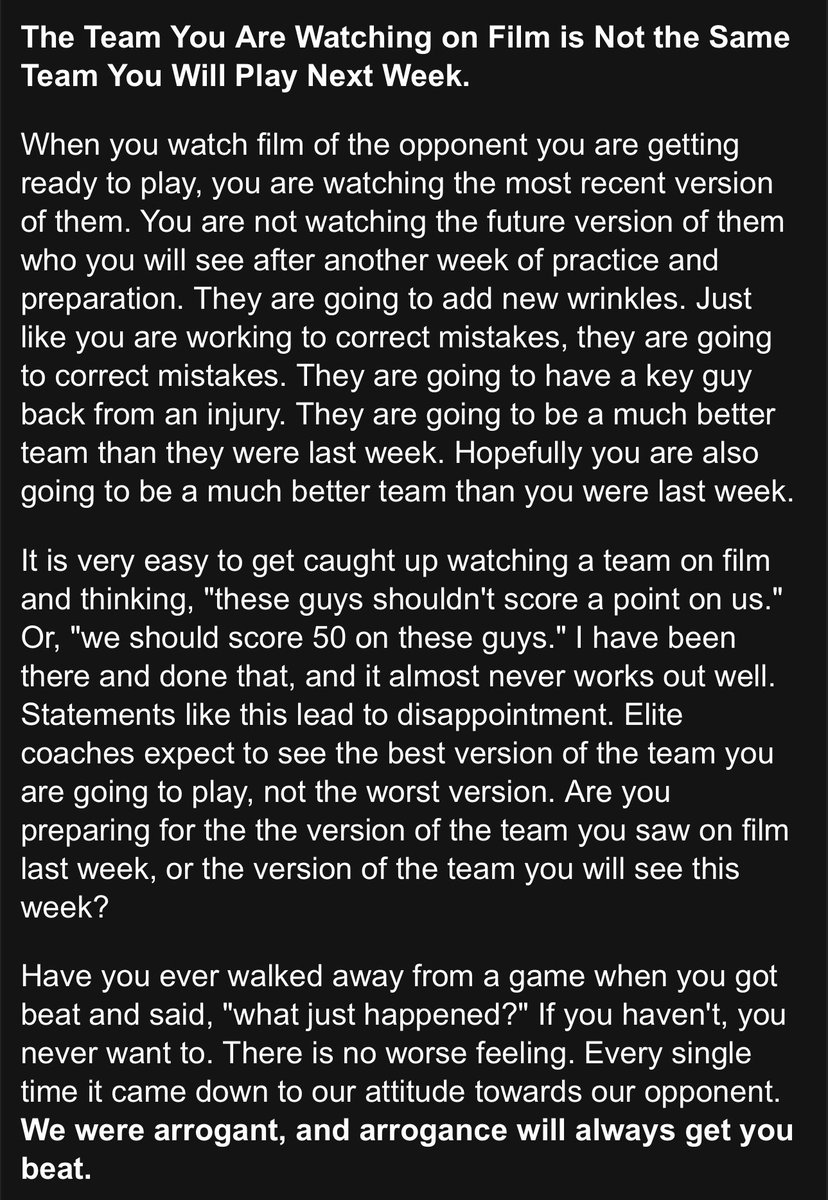 ‼️The team you are playing this week is not the same team you are watching on film today. ✅They are going to fix mistakes ✅They will get a guy back from injury ✅They will add a new wrinkle 🔑Arrogance will always get you beat coachvint.blogspot.com/2023/08/the-te…