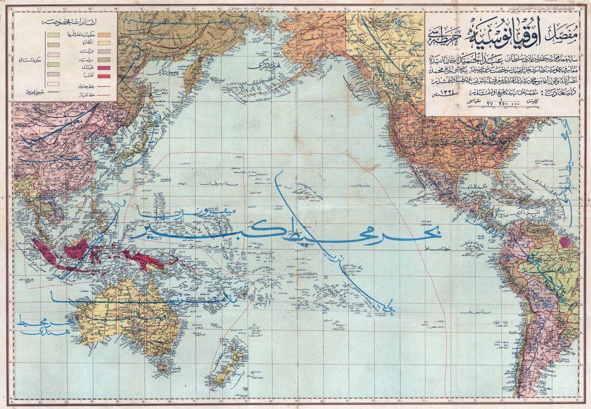 Pasifik bölgesini gösteren bir Osmanlı haritası. 1900'ler.