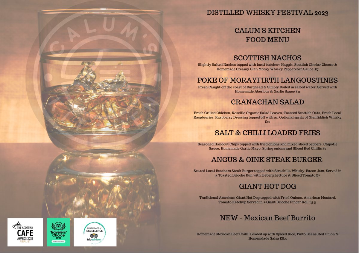 distilledscot's tweet photo. Three of Moray and Speyside's finest will serve food to tantalise your tastebuds at #Distilled23. And to whet your appetite, have a sneaky peak at the menus. Are you hungry now, too?
Tickets: https://t.co/EMzWm4zkzj
#foodanddrink #spiritofspeyside #moray #foodie #whisky https://t.co/v9wF137yxJ