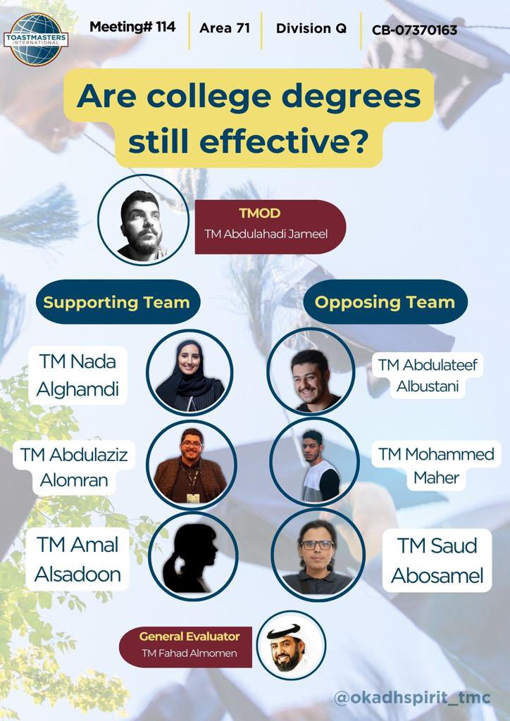 OkadhSpiritTMC's tweet photo. Agree or disagree? 👩‍🎓 👨‍🎓 join us and hear from the debating teams and discover new experiences in Toastmaster 😃 when? Monday 28 August 2023 at 7:00 pm Where? ITHRA CENTER - Library 3rd floor https://t.co/D9k3VifaKV