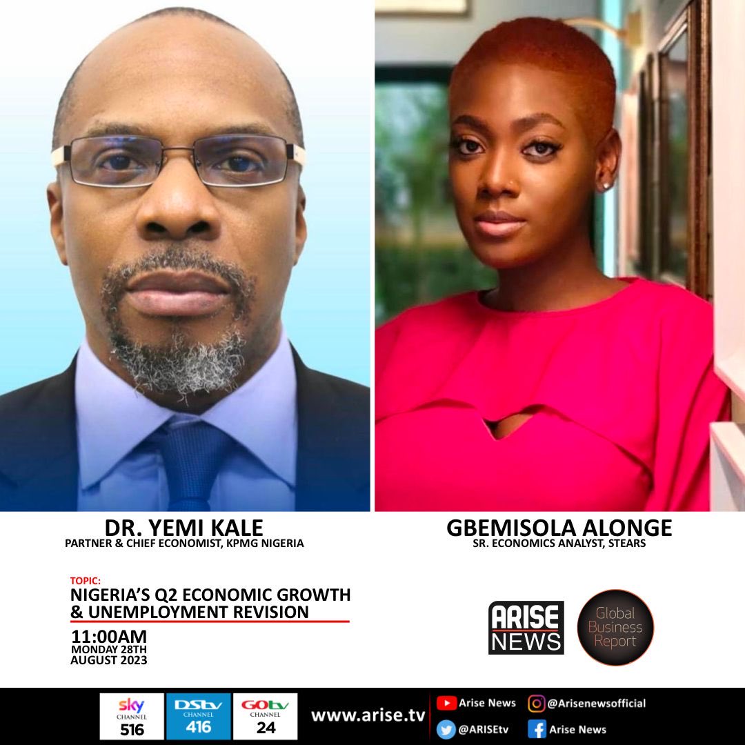 Dr ⁦<a href="/sgyemikale/">Dr Yemi Kale</a>⁩ and @gbemialonge will be on ⁦<a href="/ARISEtv/">ARISE NEWS</a>⁩ at 11am Monday to discuss Nigeria’s latest Economic growth and revised unemployment figures. Tune in! 💃🏽🕺🏽 #nigeria #economy #arisetv #arisenews #business