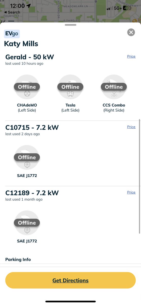 Riverdreamer777's tweet image. EVGo - Katy, Katy Mills Outlet
Score 3/10
Came here for brief shopping. At @evgonetwork I see 2x 7.2kW offline and 1x 50kW offline and the other one is online. Tesla NASC dispenser couldn’t be plugged into stall and are just laying on ground. #terrible #EVGo
@RateYourCharge