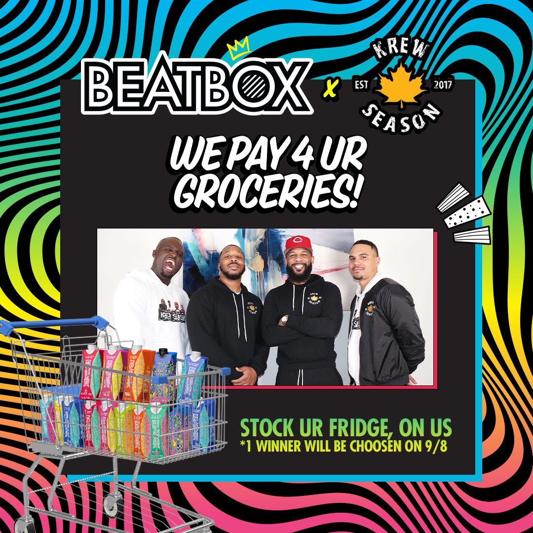BeatboxBevs's tweet photo. 🛒 WE PAY 4 UR  GROCERIES 🛒

@KrewSeason + @BeatboxBevs knows summer is the season of relaxing and not stressing 🔥That’s why we’re paying for two months of groceries for ONE lucky winner — Stock ur fridge, on us 🍁

Enter to win: https://t.co/3gXW7pzos7 https://t.co/KuY3lS8UlN