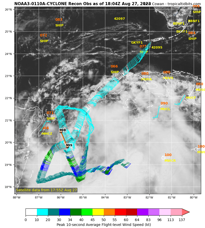 TropicalTidbits's tweet image. #TD10 is now named Tropical Storm #Idalia after maximum sustained winds increased to 40 mph. We know this from aircraft reconnaissance data from @NOAA_HurrHunter earlier this morning, showing tropical storm force winds on the southern side of Idalia's circulation.
