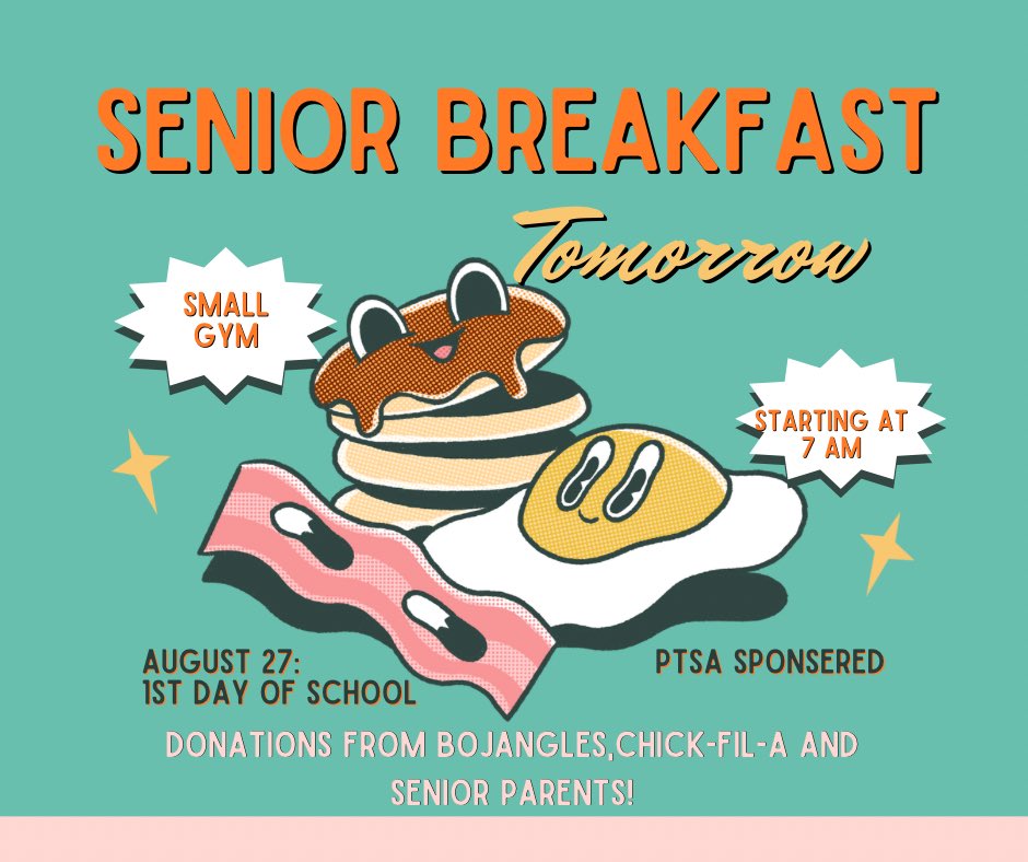 📣 Hey Seniors! 🎓 

Don't miss out on our senior breakfast tomorrow morning! 🍳 

Join us in the small gym starting at 7 AM for a delicious start to the day. See you there! #SeniorBreakfast #Classof2024