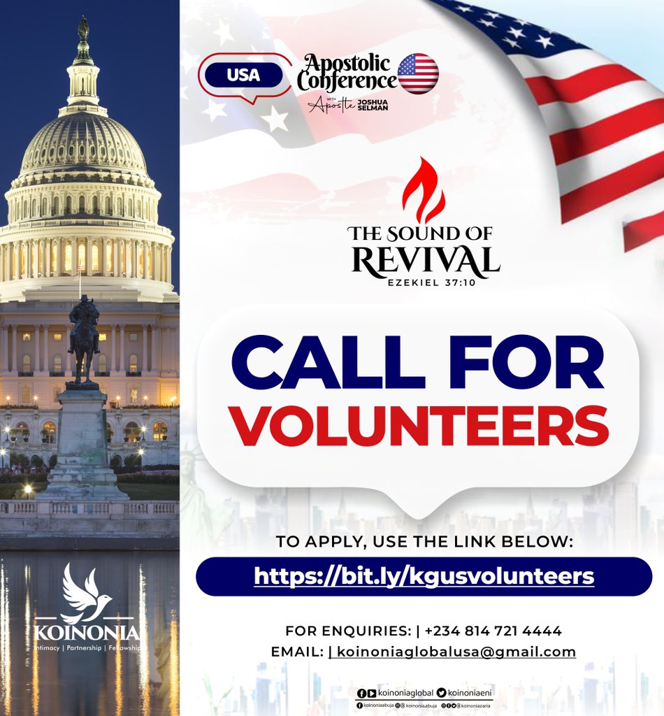 GOOD NEWS TO OUR KOINONIA GLOBAL USA FAMILY! 🇺🇸 

The Koinonia Experience is coming soon to a city near you in the USA 🔥

If you're in the United States of America, we would love to invite you to be an active part of this great move of God.

If you would like to volunteer for