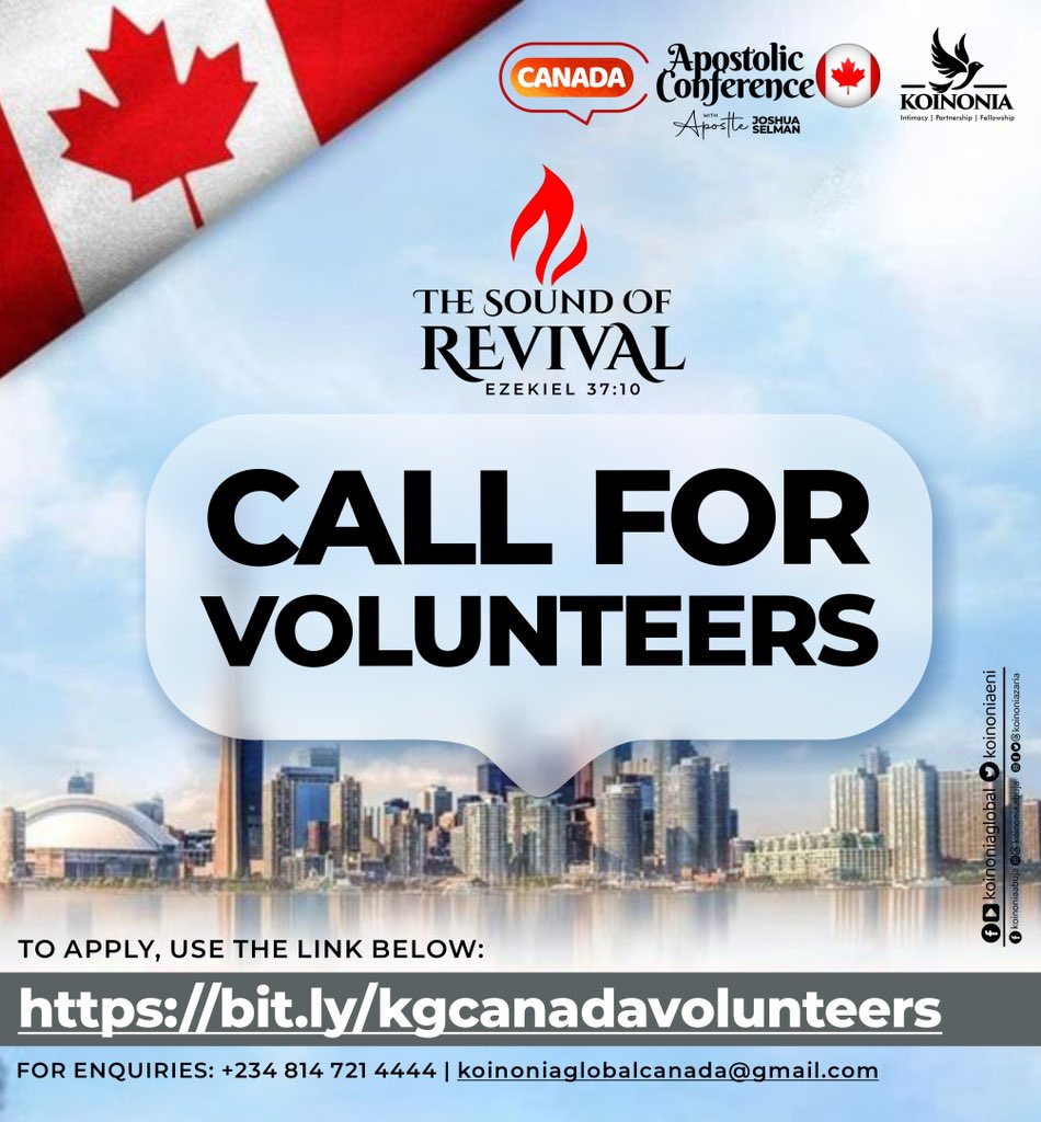 KOINONIA CANADA CONFERENCE - CALL FOR VOLUNTEERS! 👇

GOOD NEWS 🇨🇦🇨🇦🇨🇦 

The Koinonia "Sound of Revival" Conference is coming soon to a city near you in CANADA 🔥

If you currently reside in CANADA, we would love to invite you to be an active part of this great move of God.

If