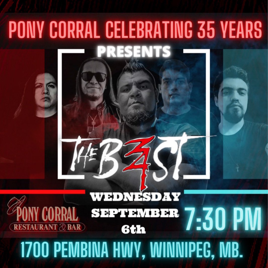 Banjo Bowl celebrations start early …
1 Night only Wednesday September 6th  direct from Puerto Vallarta Mexico it’s lead singer of the Beas 🎸
Wario Hernandez, LIVE at the Pony Corral Pembina, come dine and dance to rock n rolls best cover tunes and there’s no cover charge.