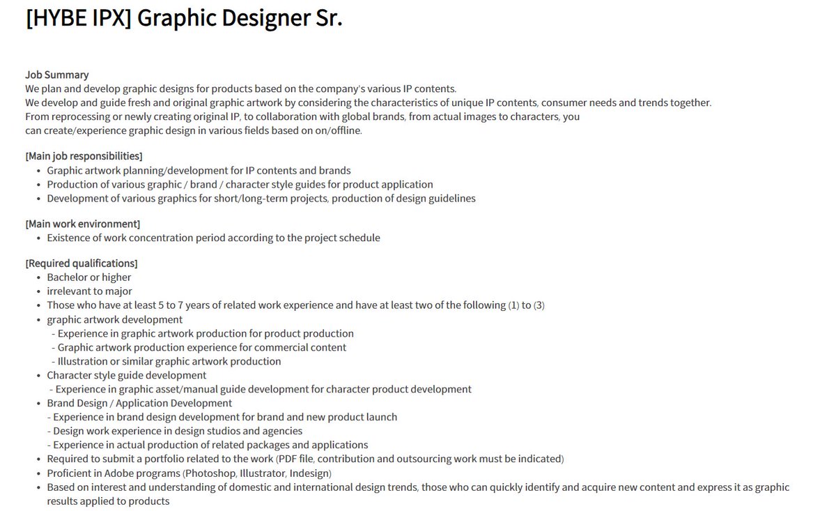 BTSARMYJobBoard's tweet photo. Hi ARMYs! 😄 @HYBEOFFICIALtwt has opening for Graphic Designer Sr.

Practice wisdom while applying. 💜

https://t.co/emyh4ZVbDZ

#BAJBSouthKorea #BAJBDesign 

*Rough translation via google translate. https://t.co/99Ms2v8MCq