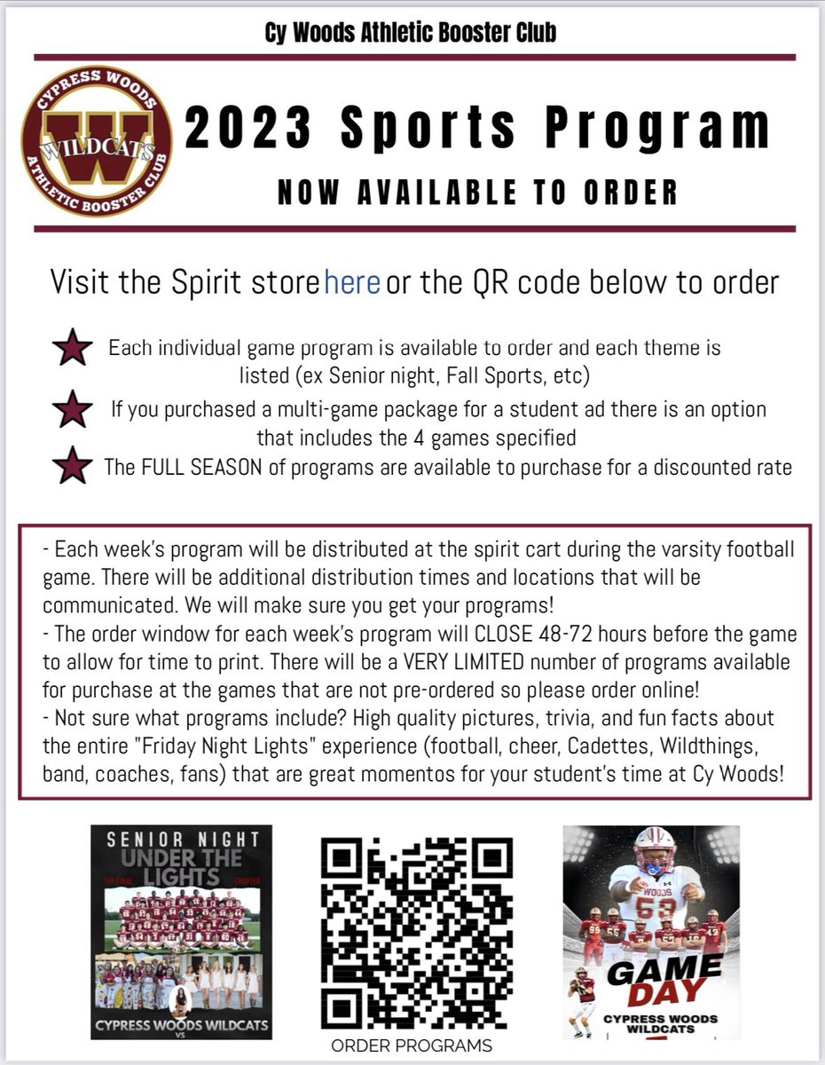 2023 sports programs are now available to order! These are great momentos of the “Friday Night Lights” experience your student has at Cy Woods! The window will close to order the program for the 8/31 game (vs Dulles) on Tuesday, August 29th at 10 am! cwabc-108997.square.site/shop/programs/…