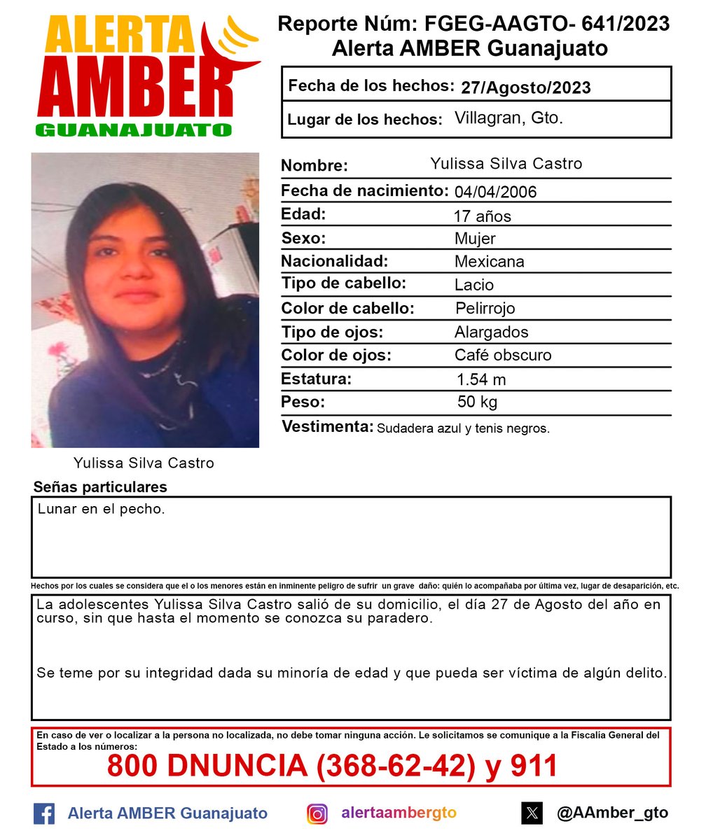 Activación de la Alerta AMBER Guanajuato de la adolescente Yulissa Silva Castro de 17 años de edad, Villagran, Gto. ¡Ayúdanos a localizarla!