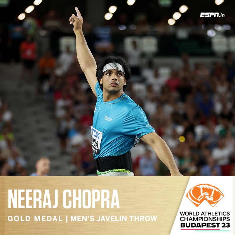 ESPNIndia's tweet photo. GOLD FOR NEERAJ! GOLD FOR INDIA!

This is India's FIRST athletics gold at the Worlds 🔥 🥇

#WorldAthleticsChamps