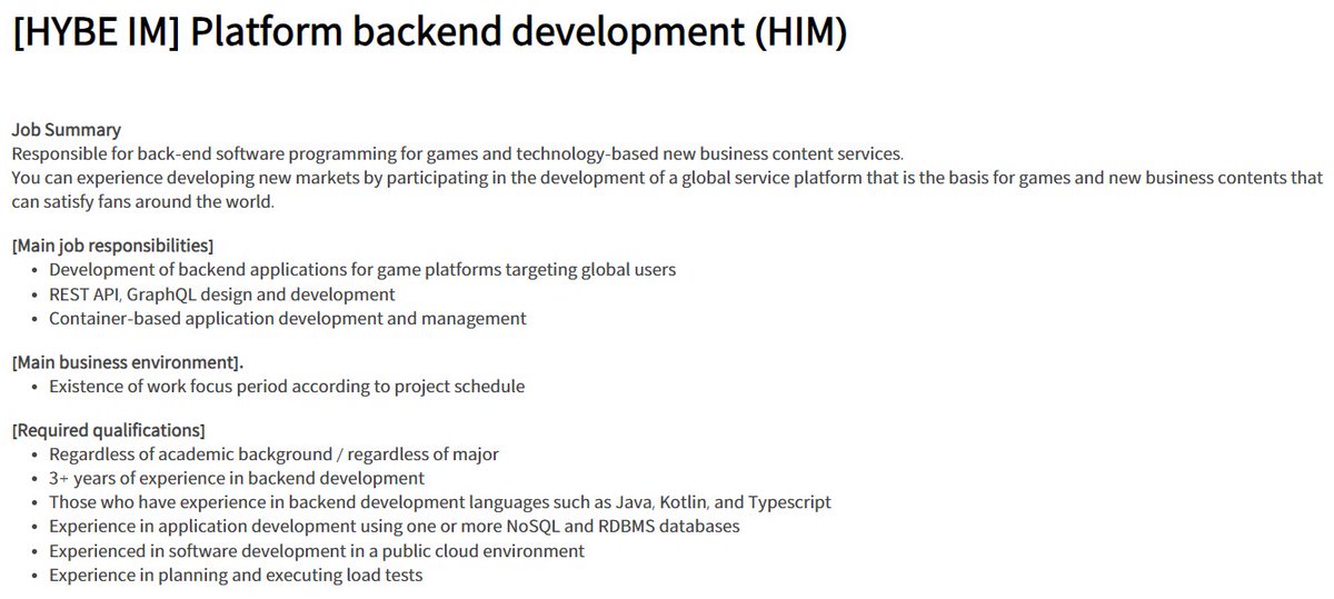BTSARMYJobBoard's tweet photo. Here's another opportunity at @HYBEOFFICIALtwt for Platform backend development π€
Practice wisdom while applying. π
https://t.co/3V3wAL0nKY
#BAJBSouthKorea #BAJBInfoTech
*Rough translation via google translate. https://t.co/S8yQkvYjSX