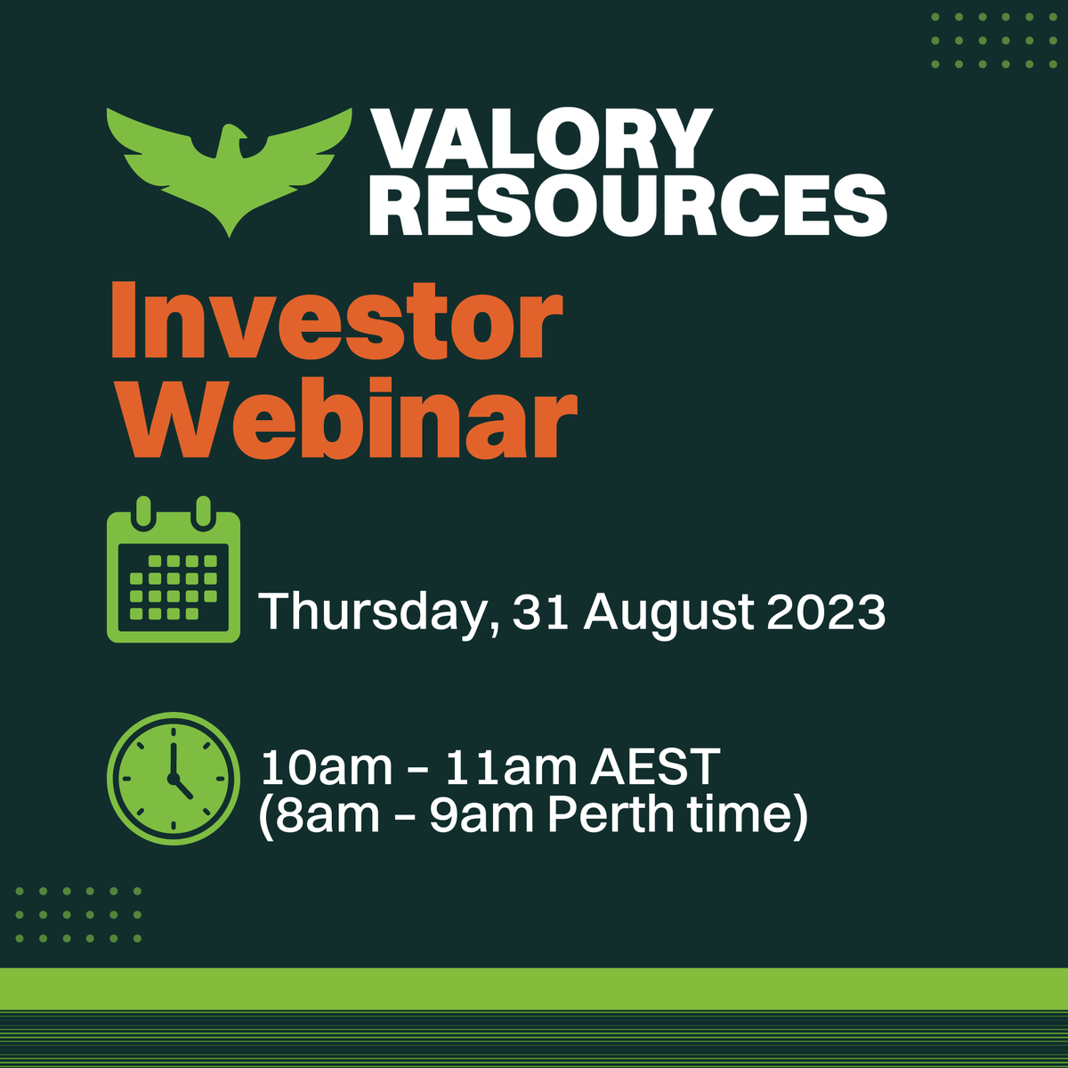 ValoryResources's tweet photo. JOIN OUR WEBINAR hosted by CEO Vaughan Wishart and Head of Corporate Affairs &amp; FInance Glenn Vassallo this Thursday. Register now: https://t.co/y0xBeCkv3u Time: 10am – 11am AEST (8am – 9am Perth time) Thurs, 31 Aug2023
Dial-in Number: +61 2 9087 3602
Audio Access Code: 435-992-50 https://t.co/06WcpPShAj