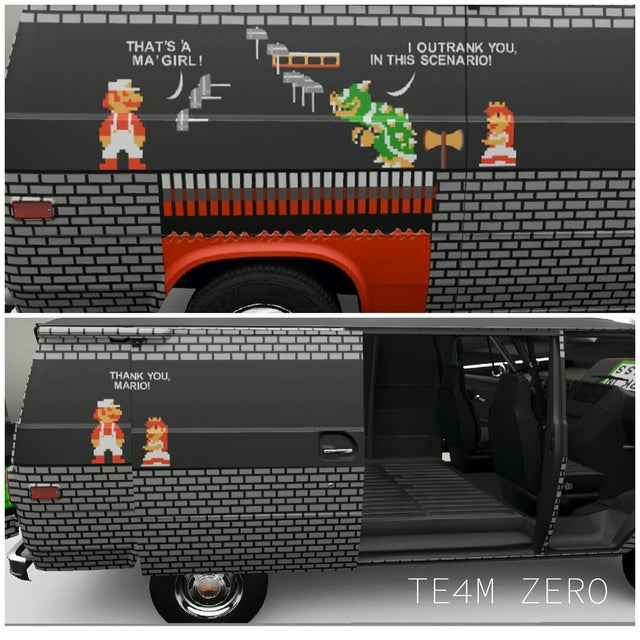 ワゴン車のスライドドアを活用した、この「スーパーマリオ」のラッピングを考えた人は並のファミっ子じゃない気がしてならない。
※海外のゲームフォーラムより