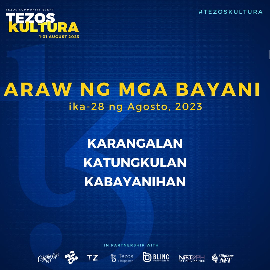 🎉Tezsup!

🫡Pagpupugay sa ating mga Bayani!

🫡Mabuhay ang Bayaning Pilipino!

#TezosKultura #ArawNgMgaBayani #Bayani #Filipino