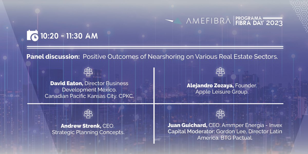 AMEFIBRA's tweet photo. Te presentamos el emocionante itinerario de FIBRA DAY 2023: 'Beyond Nearshoring: Real Estate Insights'.
Desde conferencias inspiradoras hasta sesiones de networking, ¡sera un día que marcará la diferencia en el sector!
#AMEFIBRA #FIBRADAY #FibrasInmobiliarias https://t.co/QnJ5A9Du5U