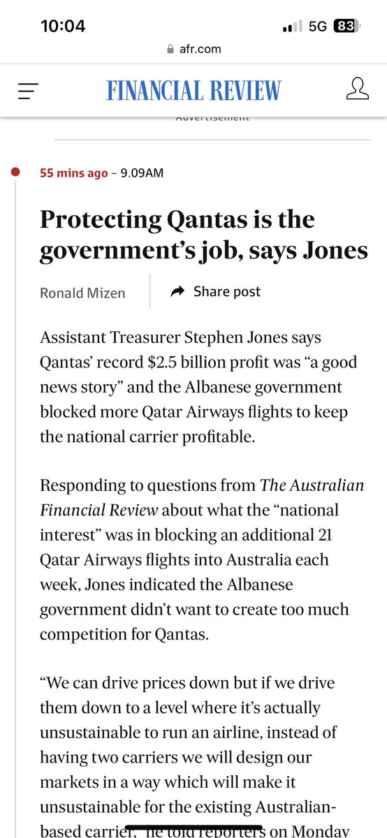cmkusher's tweet photo. We should all be up in arms about this. It is 100% not the government’s job to protect Qantas. The government should be protecting the interest of the electorate and allow more competition. https://t.co/3Ezjq421IF