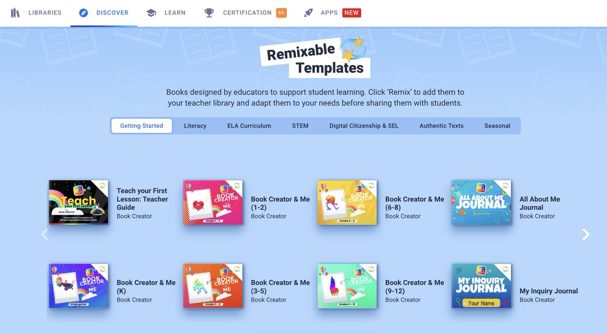 Check out the new Remixable Templates section in Discover! 

Books designed by educators to support student learning:
Getting Started
📖 Literacy
📝 #ELA Curriculum
🔬 #STEM
💛 #DigCit &amp; #SEL
📒 Authentic Texts
🎄 Seasonal

Remix and adapt to your needs then share!