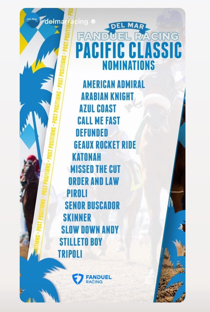 Nominados de los posibles competidores del PACIFIC CLASSIC G1 con premios de $1 Millón a correrse en el Hipodromo Del Mar este Sabado 
#PacificClassic 
#DelMar