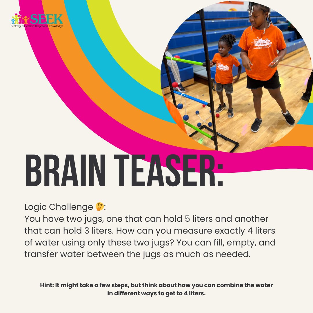 seek_inc's tweet image. Logic Challenge: How to measure 4 liters using 5-liter & 3-liter jugs? Pour 3L into 5L, leaving 2L. Empty 5L, transfer 2L from 3L to 5L, refill 3L. Voila, 4L! Can you crack it? #LogicChallenge #PuzzleSolved