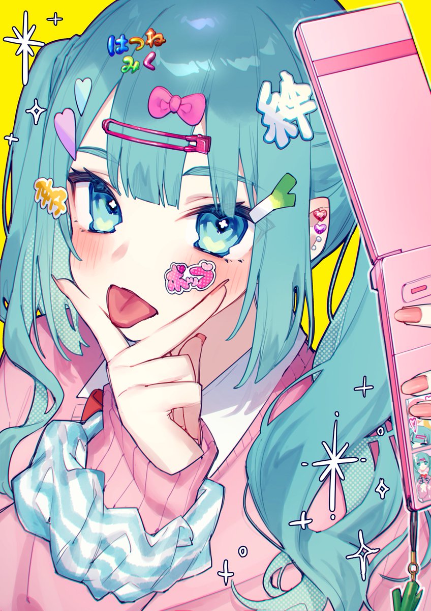 hatsune miku 1girl solo tongue phone hair ornament tongue out cellphone  illustration images