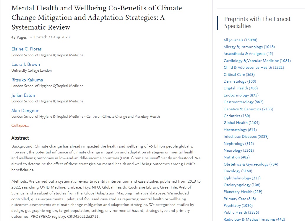 🚨Our new Systematic review #preprint assesses the impacts of #climatechange mitigation & adaptation on #mentalhealth in low-and-middle-income countries. Our findings suggest potential benefits but the evidence is limited & mixed 🧵1/