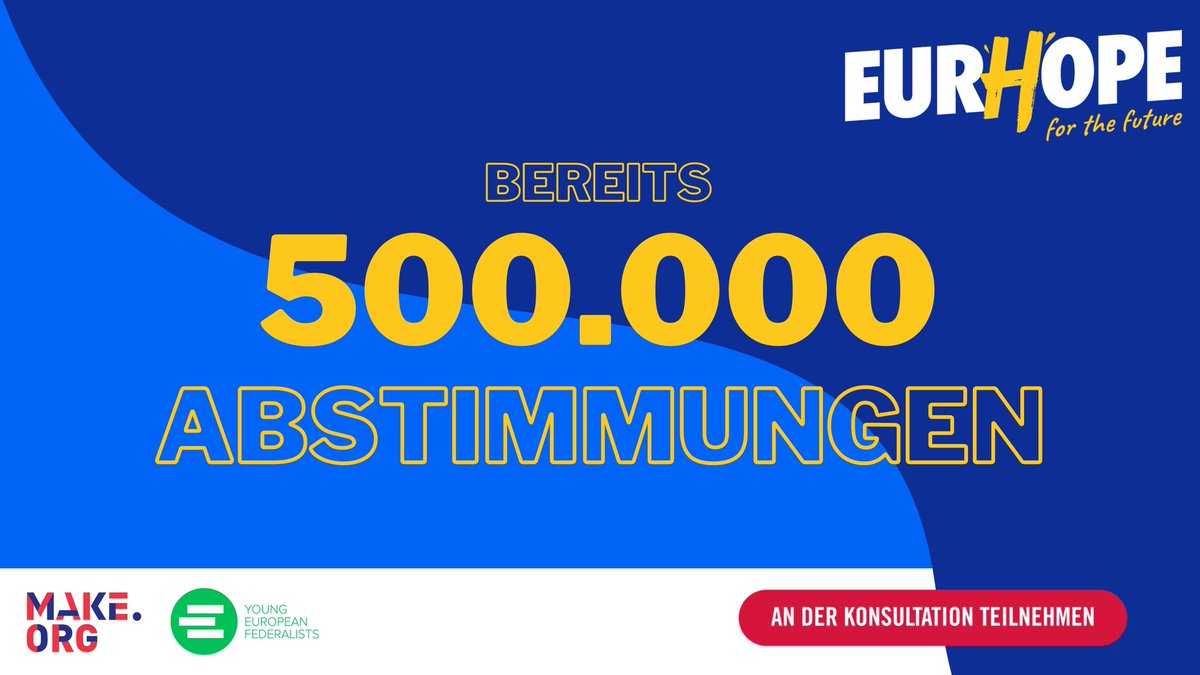 #EurHope schreitet erfolgreich voran! Es gibt bereits über 500.000 Stimmen von jungen Bürger*innen aus allen 27 Mitgliedsstaaten zu ihren Ideen über die Zukunft Europas. Hier geht's zur Abstimmung: eurhope.org. #europawahl2024 #eurhope #makeeurope #voteforeurope
