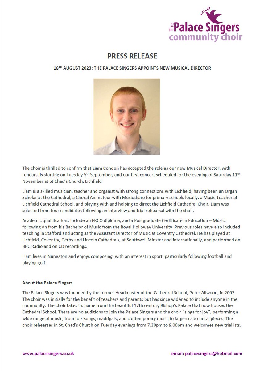 We are delighted to confirm that we will be re-starting rehearsals after the summer break on Tuesday 5th September, with our new Musical Director, <a href="/LiamCondonOrgan/">Liam Condon</a>!
