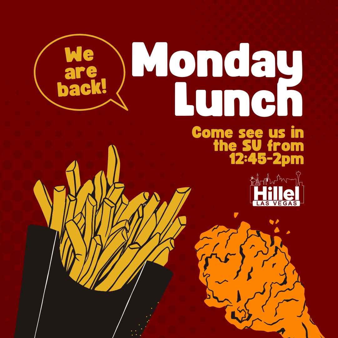 HillelLV's tweet photo. Welcome back to school!! Tomorrow is our FIRST Monday Lunch of the school year. Look for us in the SU starting at 12:45pm! Send us a DM for more info or to let us know we you are coming 🍔🌮🌯 #welcomeback #UNLV #hillel #Hilleloncampus #jewishstudentlife https://t.co/QXjvWMKeZt