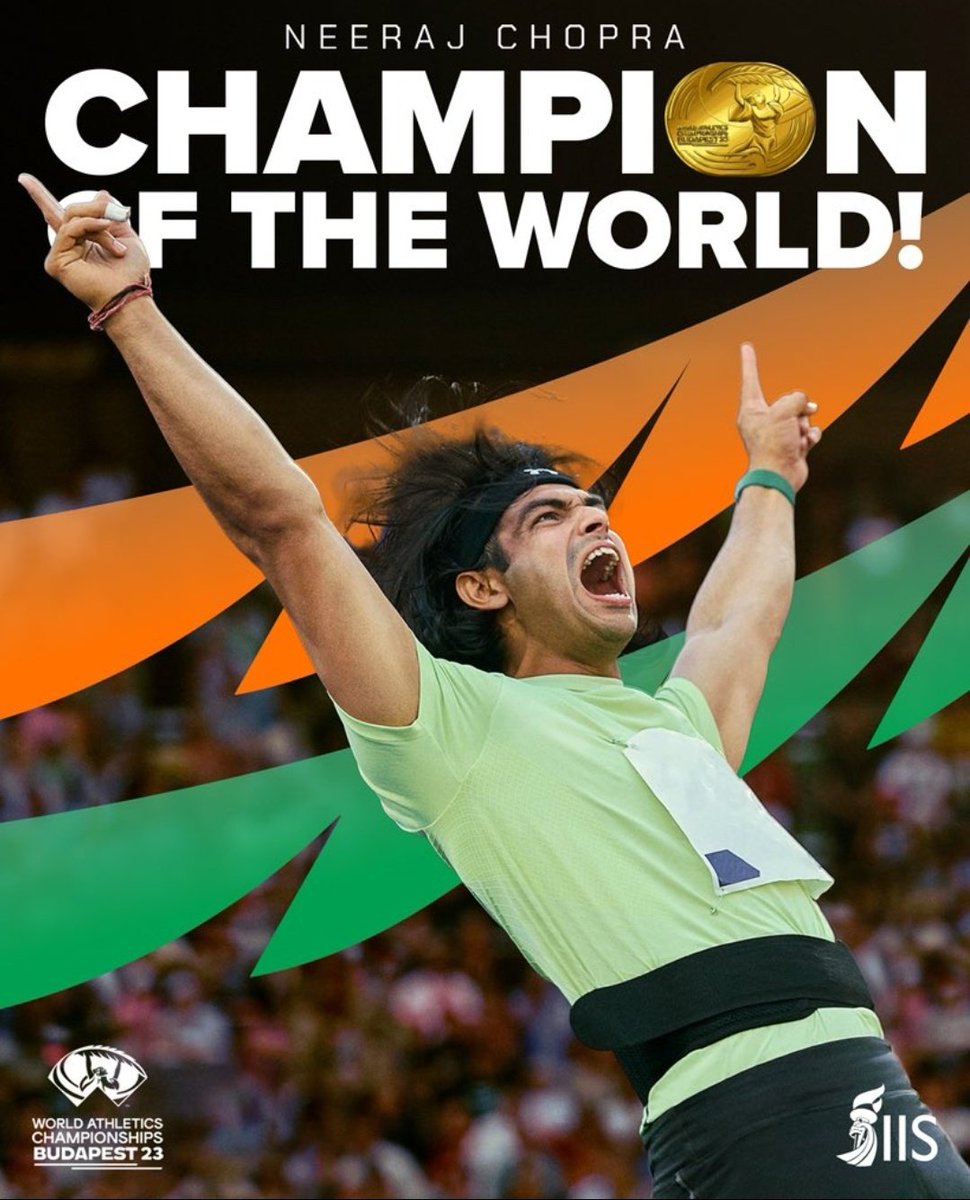 Samartripathi80's tweet photo. India’s FIRST Track and Field World Champion, and he’s OUR BOY! ⚡

#NeerajChopra, you beauty. ♥️

#Budapest23 #CraftingVictories 🇮🇳 https://t.co/uRXgatNXiH