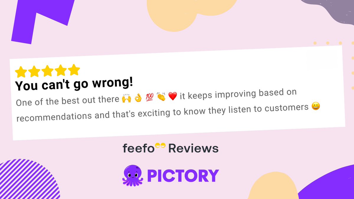 pictoryai's tweet photo. 🎉 You Can't Go Wrong!
Pictory in 5 emojis: 🙌 👌 💯 👏 ❤���

"It keeps improving based on recommendations, and that's exciting to know they listen to customers 😀"

Thank You!
#Pictory #artificialintelligence #AI #IdeaToVideo #AITool #AIVideo #Review https://t.co/Bhyy5EcuPs