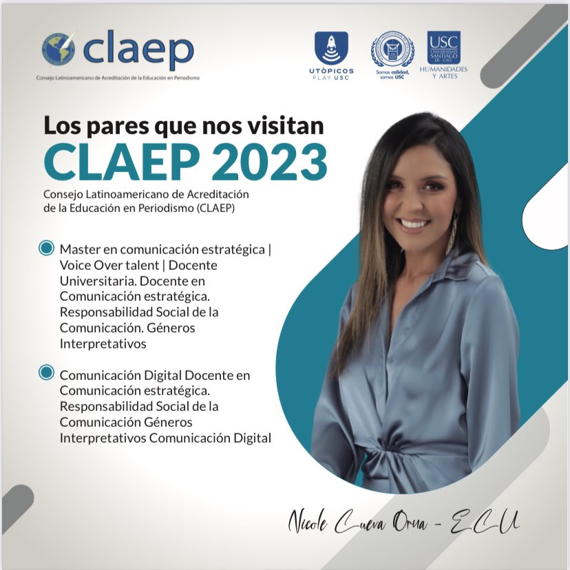 Utopicos_usc's tweet photo. Nicole Cueva, locutora radial y presentadora de Ecuador. #Bienvenidos #CLAEP2023 https://t.co/N4kPtu6Uka