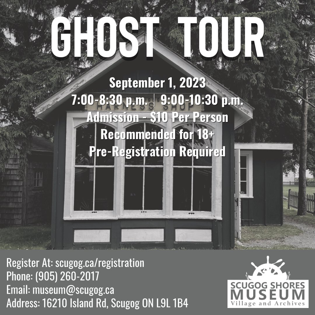 Have you signed up for our first ever Ghost Tour yet? Limited spots are available and they are filling up fast! Be sure to register before it’s too late. To register, please visit: scugog.ca/registration

#ghosttour #scugogshoresmuseum #townshipofscugog #paranormal #haunted #fun