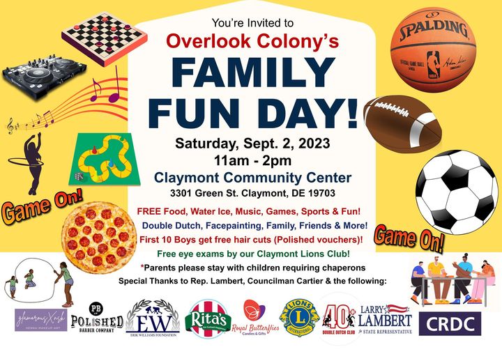 Rd7Social's tweet photo. You're invited to Overlook Colony's Family Fun Day at the Claymont Community Center sponsored by the Overlook Civic Association! Save the date: 9/2/23 🎉🍔 #CommunityFun #FreeEvent #Claymont https://t.co/KfmBkNdoQ6