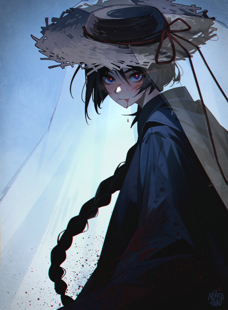 hat solo blood braid long hair looking at viewer straw hat  illustration images