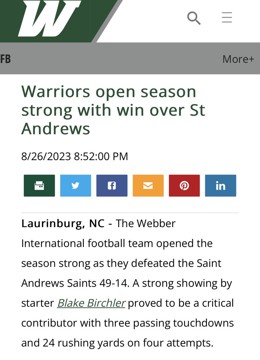 LET’S GO WARRIORS ⚔️ @WebberFB QB Trainee: @BlakeBirch03 lit it up in his 2nd Start, Throwing 3 TOUCHDOWNS in a 49-14 BLOWOUT WIN to start the 2023 Season‼️ Earned PLAYER OF THE GAME Awesome to see a Trainee play for my Alma Matter‼️STAKE YOUR GROUND #BTruQBTraining 🔘