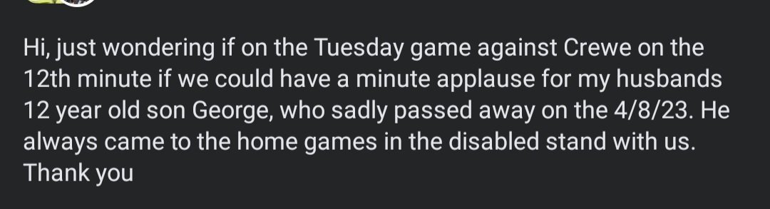 12th minute applause vs Crewe on Tuesday for Port Vale fan, George. 

Please spread the word.

(Taken from Facebook with permission off the OP) 

#PortVale #CreweAlex