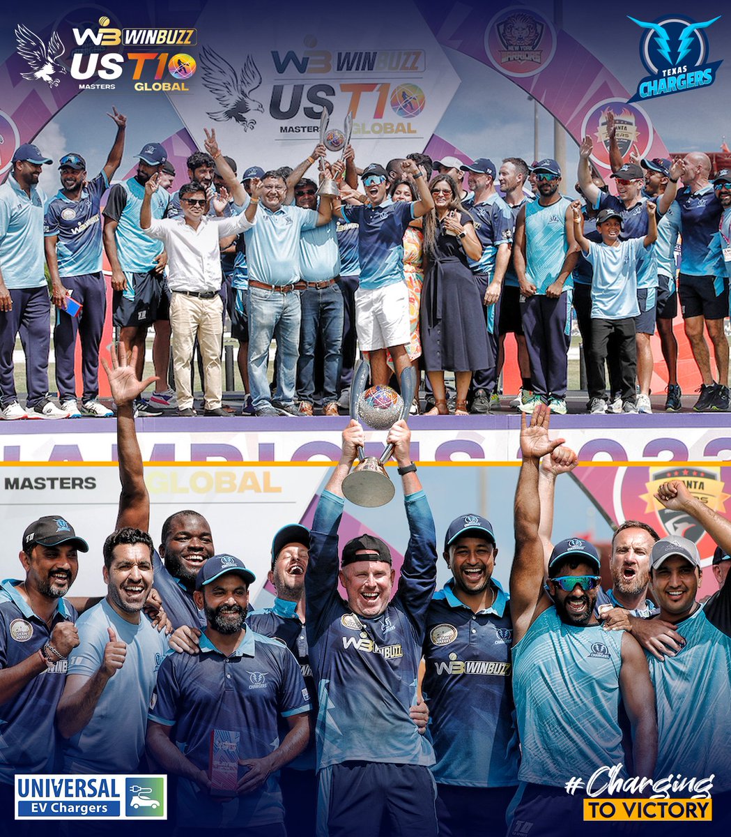 The Celebrations Continue 😍🔥 Our Whole Squad pictured with the glittering US Masters T10 Champions Trophy 🏆💥 #USACricket #USMastersT10 #TexasChargers #ChargingtoVictory
