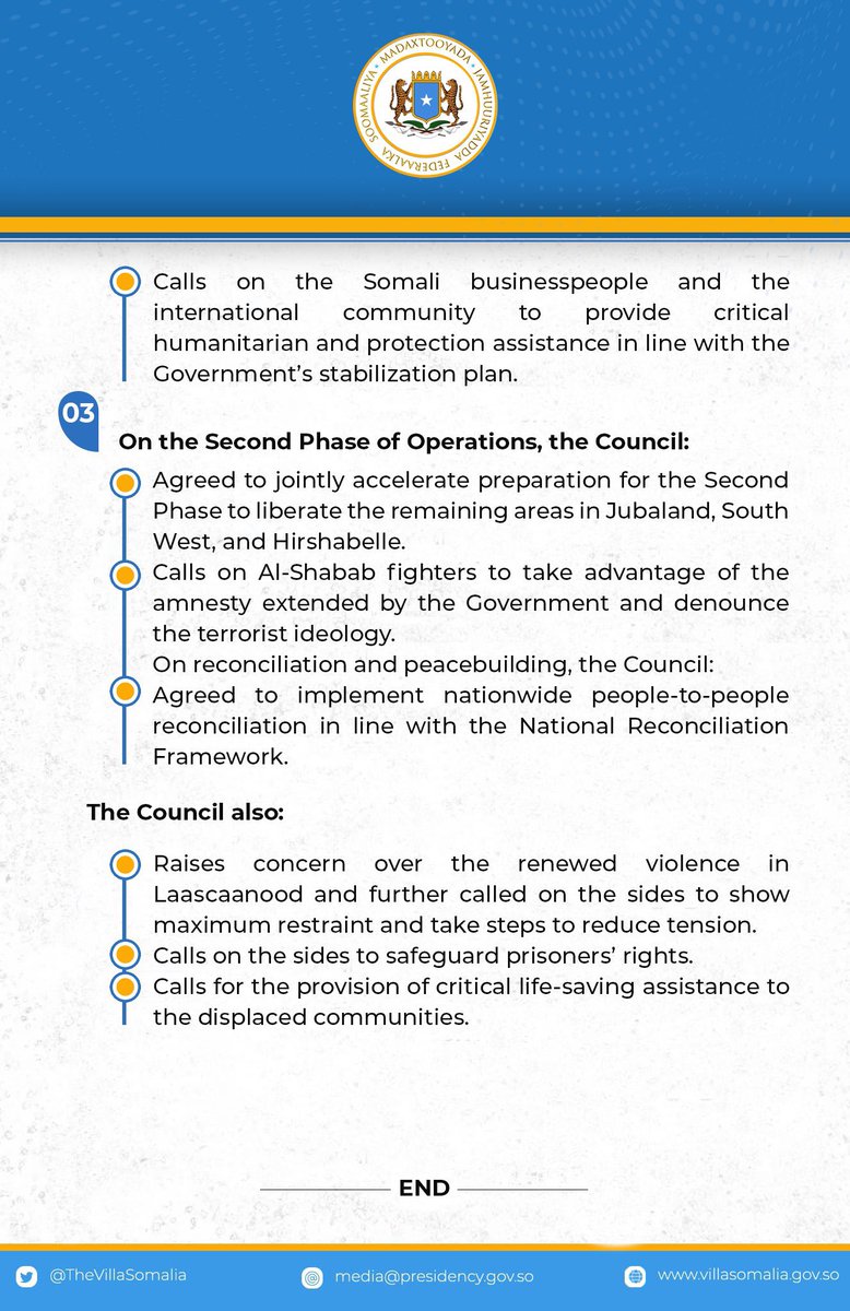 Under the Chairmanship of H.E. President Hassan Sheikh Mohamud, FGS, FMS, and PRA leadership convened in Dhuusamareeb, capital of the Galmudug State, from 26-27 August 2023.  At the closing of a two-day discussion, the Council leadership jointly endorsed and issued a Communiqué.